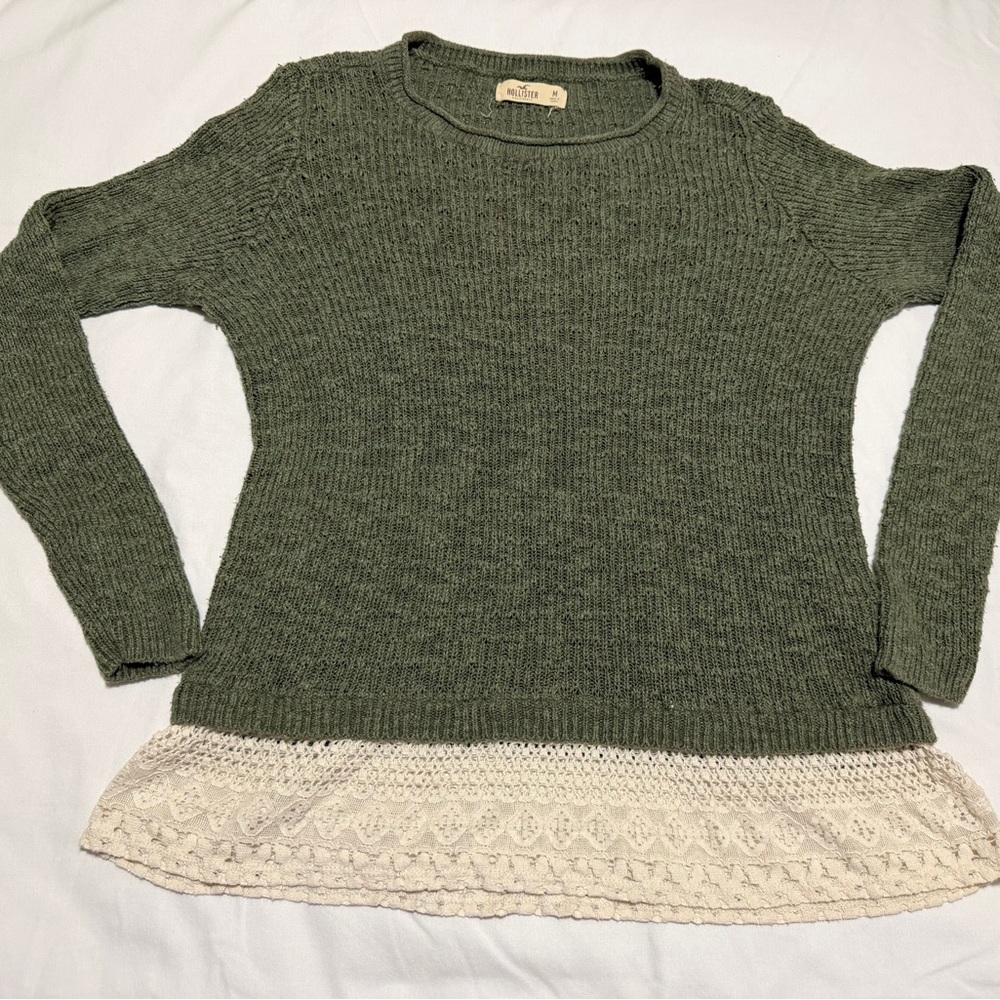 Hollister Olive Sweater with Cream Lace Trim